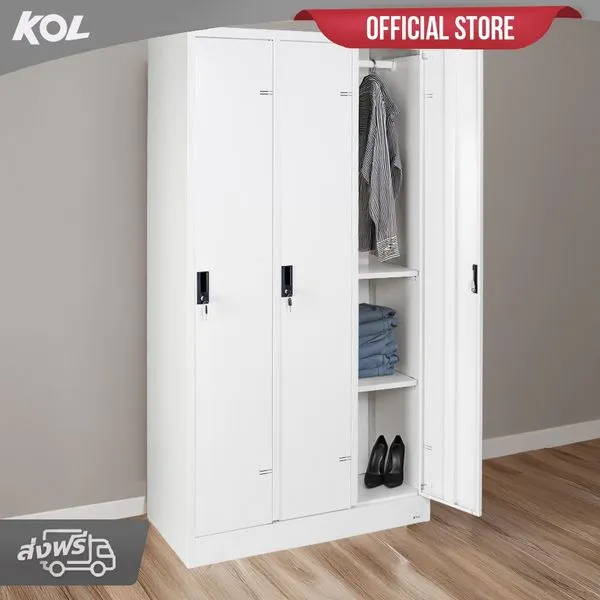 KOL 3-Door Locker Cabinet with 1 Clothes Hanging Rod, 2 Shelves, and Individual Door Locks