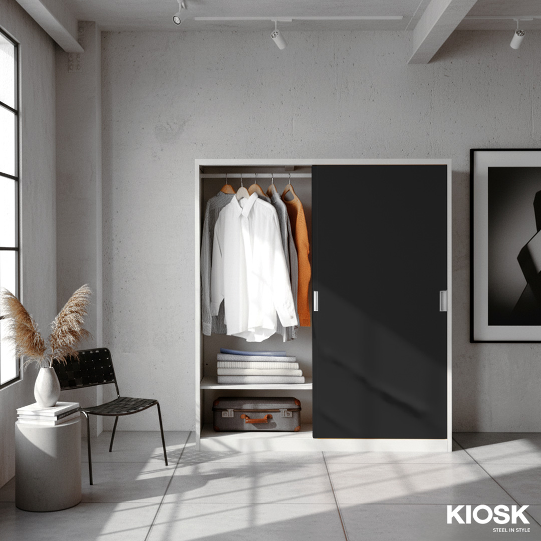 KIOSK ตู้เสื้อผ้าเหล็กบานเลื่อน รุ่น SDS-160K 160 ซม. พร้อมราวแขวน