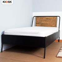 Steel bed 3.5 feet, headboard upholstered in Acacia wood.-1